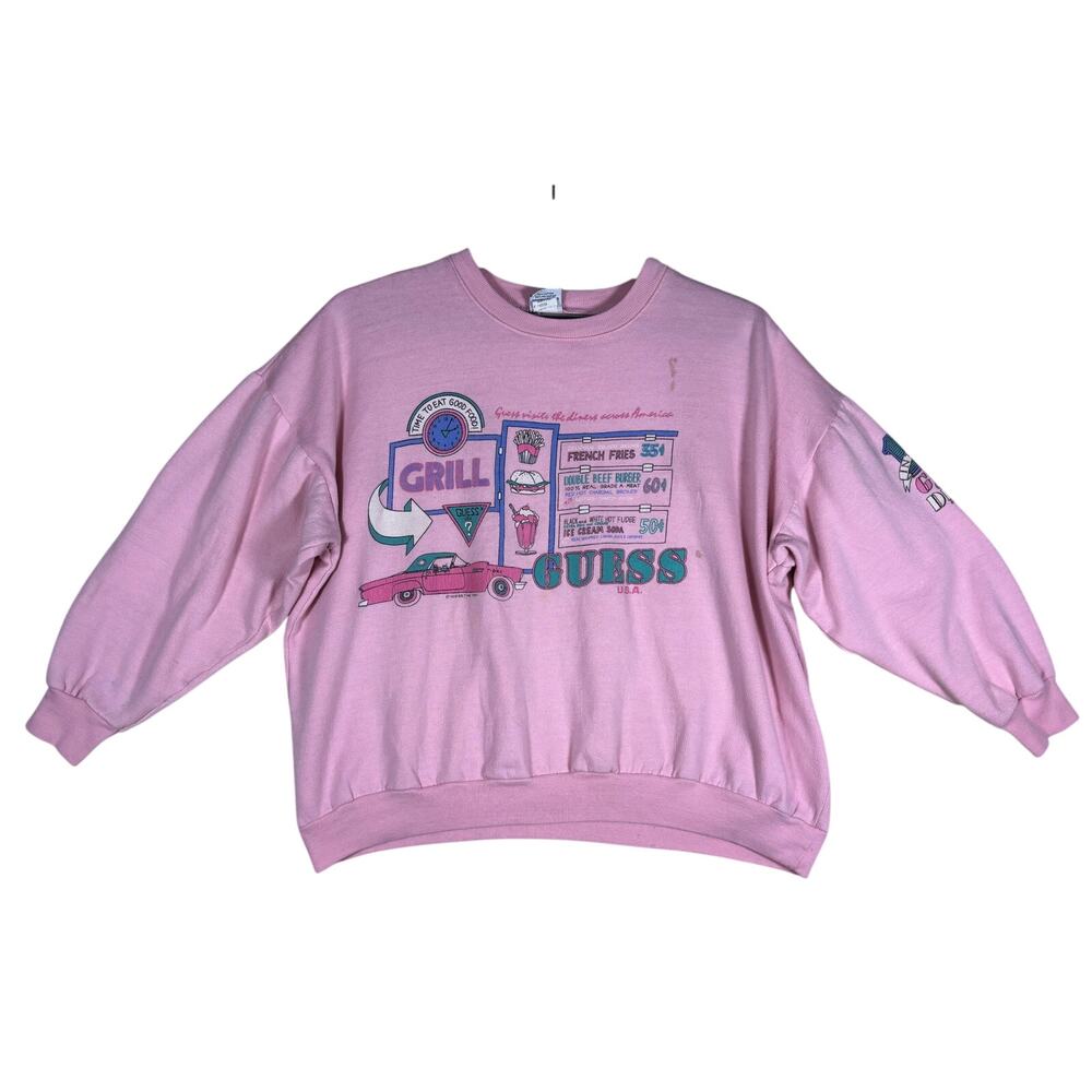 Vintage Guess Georges Marciano Pink Diner Graphic Sweatshirt Made in USA Mens M